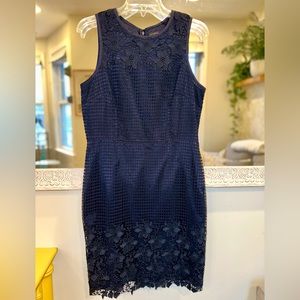 Ann Taylor Navy Blue Floral Lace Sleeveless Sheath Dress 8